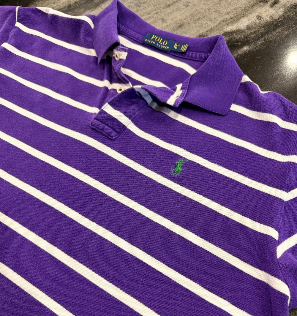 Polo Ralph Lauren Polo Shirt Mens XL Purple White Striped Green Pony Cotton Golf